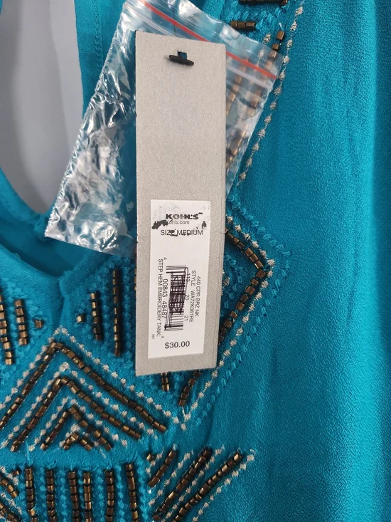 Apt. 9 Teal Sleeveless Tank with Beaded Geometric Neckline Size M #festive #fun - Picture 3 of 7